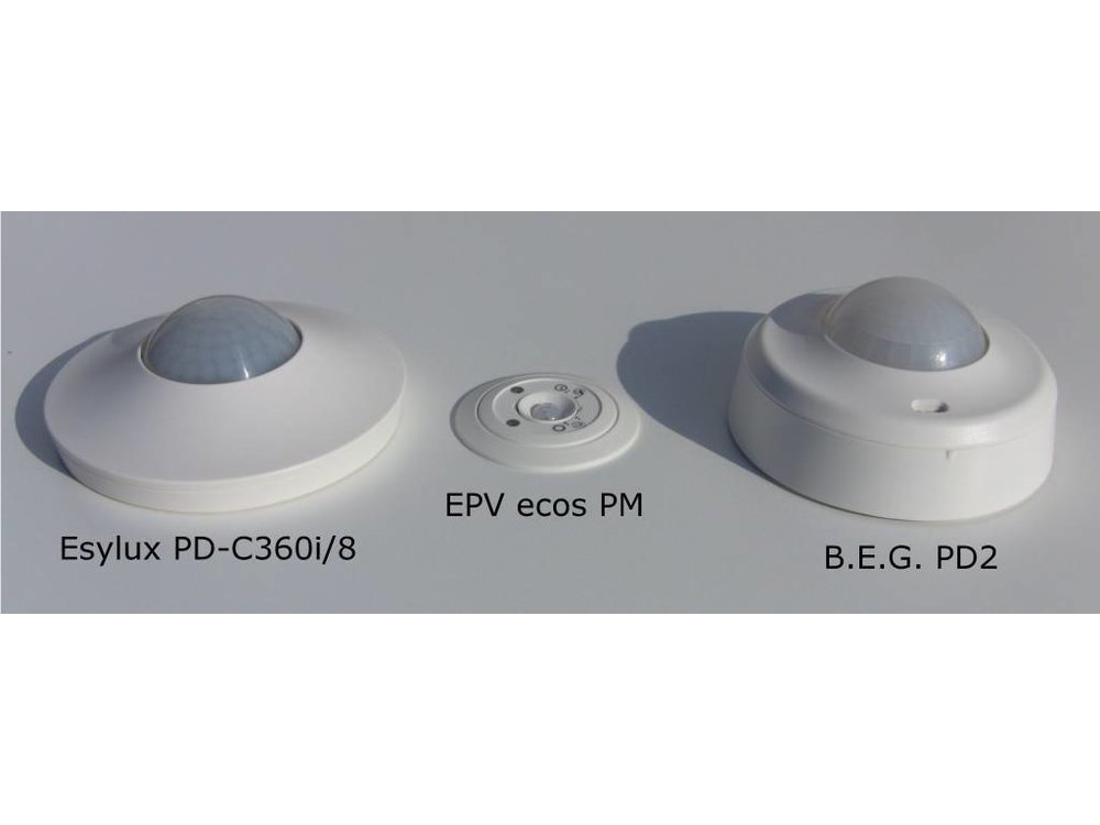 ecos 230V Präsenzmelder PM/230V/5L mit einstellbarer Lichtschwelle und einstellbarer Nachlaufzeit, für Höhen bis 5 Meter