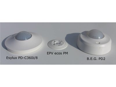 ecos 230V Präsenzmelder PM/230V/5L mit einstellbarer Lichtschwelle und einstellbarer Nachlaufzeit, für Höhen bis 5 Meter
