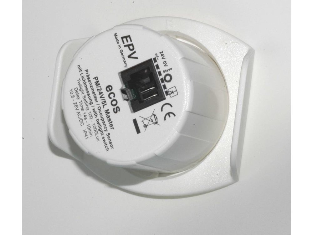 ecos 24V Präsenzmelder PM/24V/5T MASTER mit einstellbarer Nachlaufzeit, OHNE Lichtmessung, für Höhen bis 5 Meter