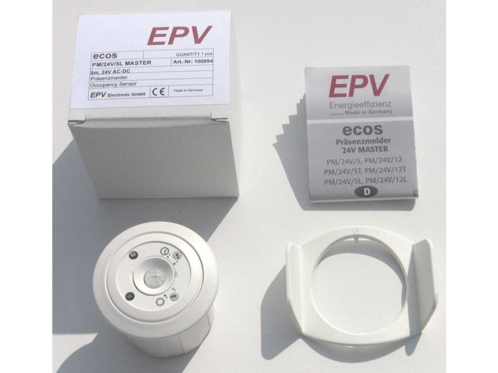 ecos 24V Präsenzmelder PM/24V/5T MASTER mit einstellbarer Nachlaufzeit, OHNE Lichtmessung, für Höhen bis 5 Meter