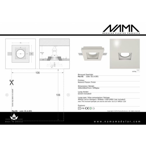 NAMA Fos01 trimless plaster recessed spot square for Ø50mm LED