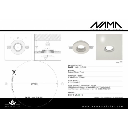 NAMA Fos02 trimless plaster recessed spotlight round Ø50mm led