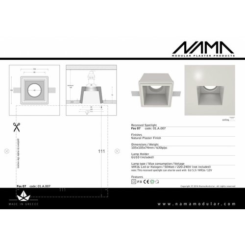 NAMA Fos 07 trimless plaster recessed spot square for Ø50mm LED