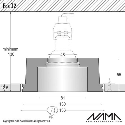 NAMA Fos12 trimless plaster recessed spot round for Ø50mm LED