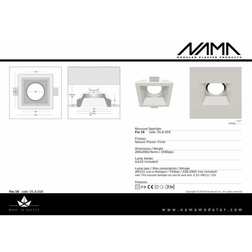 NAMA Fos18 trimless plaster recessed spot square for Ø111mm led