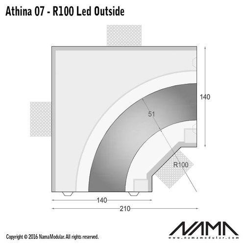 NAMA Athina 07-OUT trimless bocht R100, leds aan buitenzijde