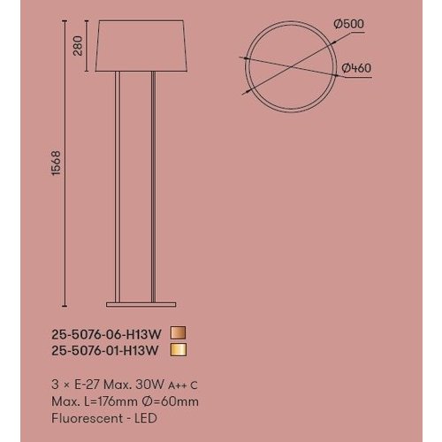 Grok Premium vloerlamp 3 x E-27 hoog 1568mm, Ø500mm in goud of koper