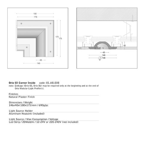 NAMA Orio 03 modular trimless corner piece LED strip on the inside