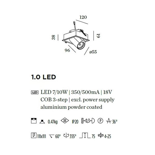 Wever-Ducre Bliek Square 1.0 LED 7/10Watt - 350/500mA excl driver