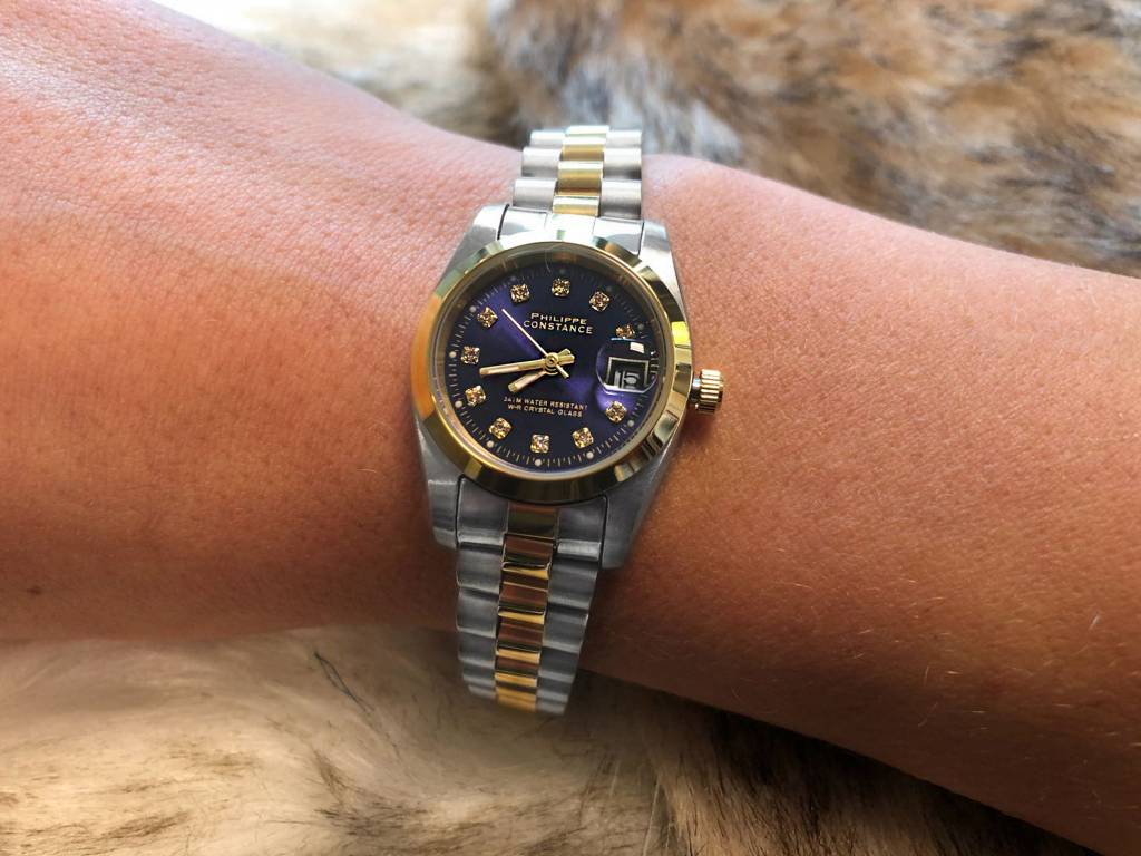 Philippe Constance Stalen Dameshorloge 6770 Small Staal Bicolor Goud Zilver Schakelband Strass Datumaanduiding