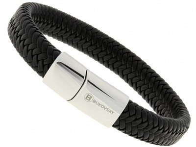 Bukovsky Stainless Steel Jewelry NU 30% KORTING - Leder/Staal Heren Armband Bukovsky SL6550 - Zwart - Gevlochten Leer - Gepolijste 316L  Stalen Sluiting