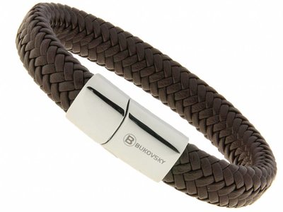 Bukovsky Stainless Steel Jewelry Nu 30% KORTING - Leder/Staal Heren Armband Bukovsky SL6550 - Donkerbruin- Gevlochten Leer - Gepolijste 316L  Stalen Sluiting