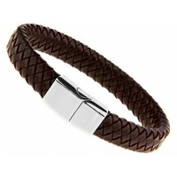 Leder/Staal Heren Armband Bukovsky SL6750 - Donkerbruin - Gevlochten Leer - Gepolijste 316L Stalen Sluiting