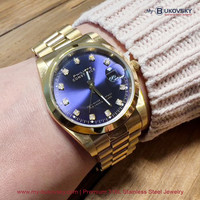 Philippe Constance Stalen Dameshorloge - 5955 Large - Goud - Strass - Blauwe Wijzerplaat - Datumaanduiding - Gratis Verzending