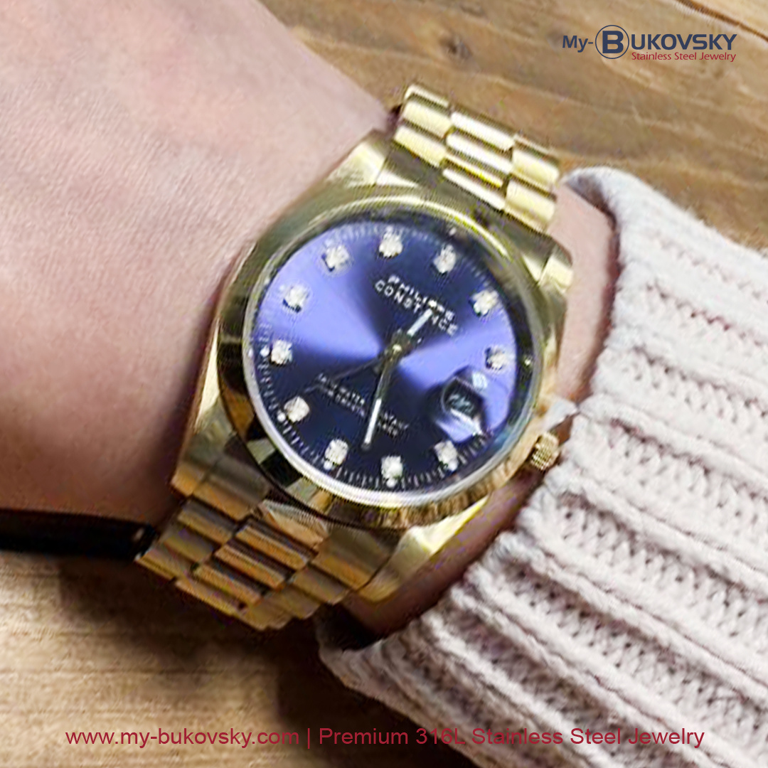 philippe-constance-dameshorloge-bicolor-blauwe-wijzerplaat-bukovsky-horloge-staal-kopen