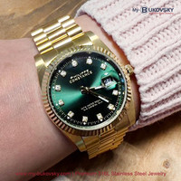 NU 30% KORTING - Philippe Constance Dameshorloge - 5900 Large - Staal - Goud  - Groene Metallic Wijzerplaat - Strass - Serrated - Datumaanduiding