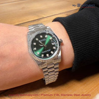 Philippe Constance Stalen Dameshorloge - 5935 Medium - Zilver - Strass - Groene metallic wijzerplaat - Serrated - Schakelband - Datumaanduiding