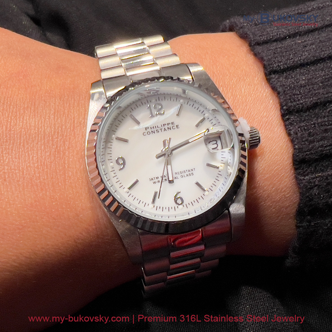7755-philippe-constance-dameshorloge-parelmoer wijzerplaar-serrated geribbelde rand-staal-horloge rvs-mybukovsky