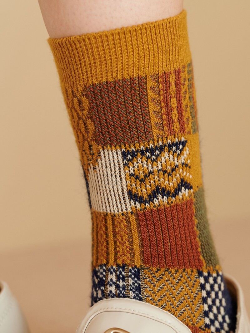 Wool Jacquard Patchwork Crew Socks