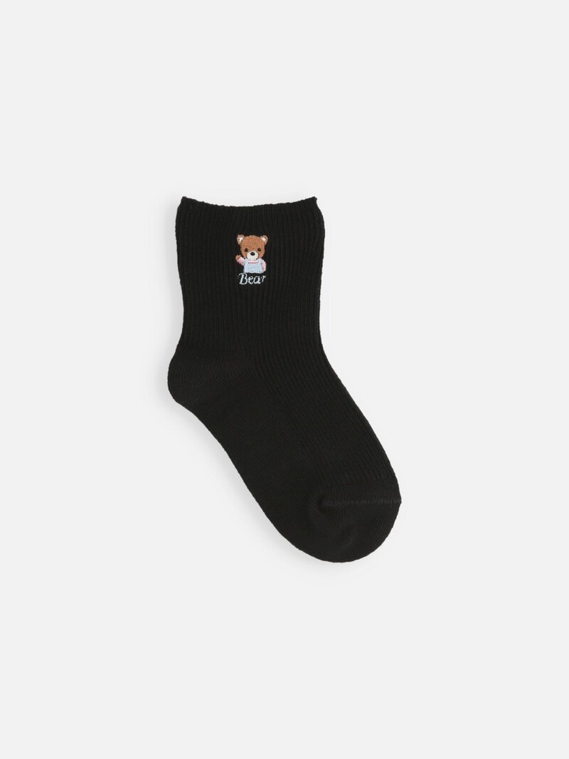 Kids Bear Embroidered Rib Socks 11-13cm