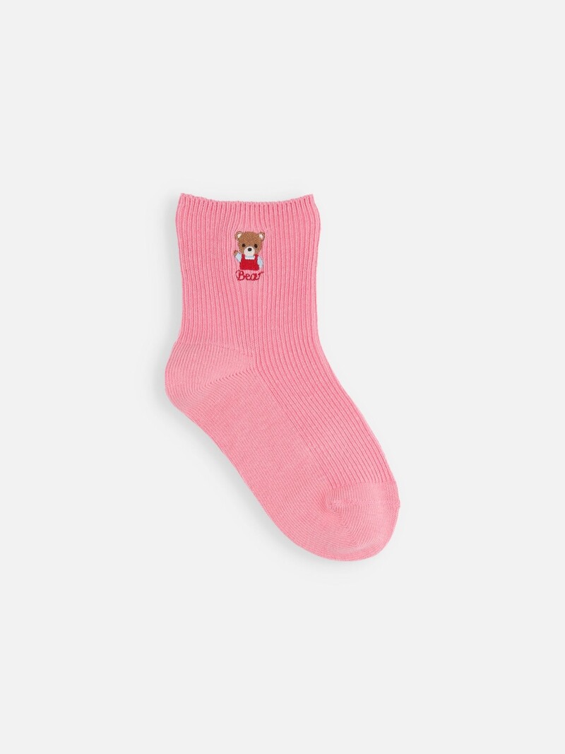 Kids Bear Embroidered Rib Socks 11-13cm