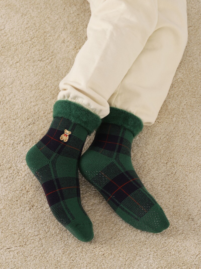 Room Socks carreaux Tartan ourson brodé