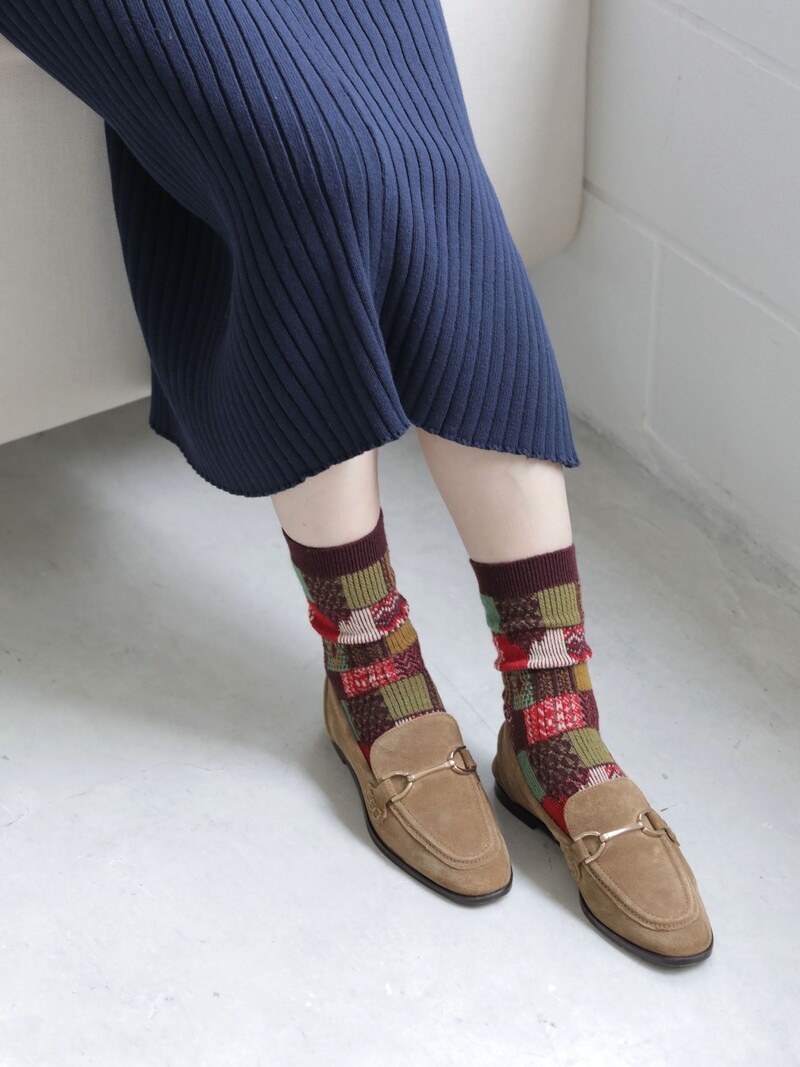 Wollen jacquard patchwork ronde sokken