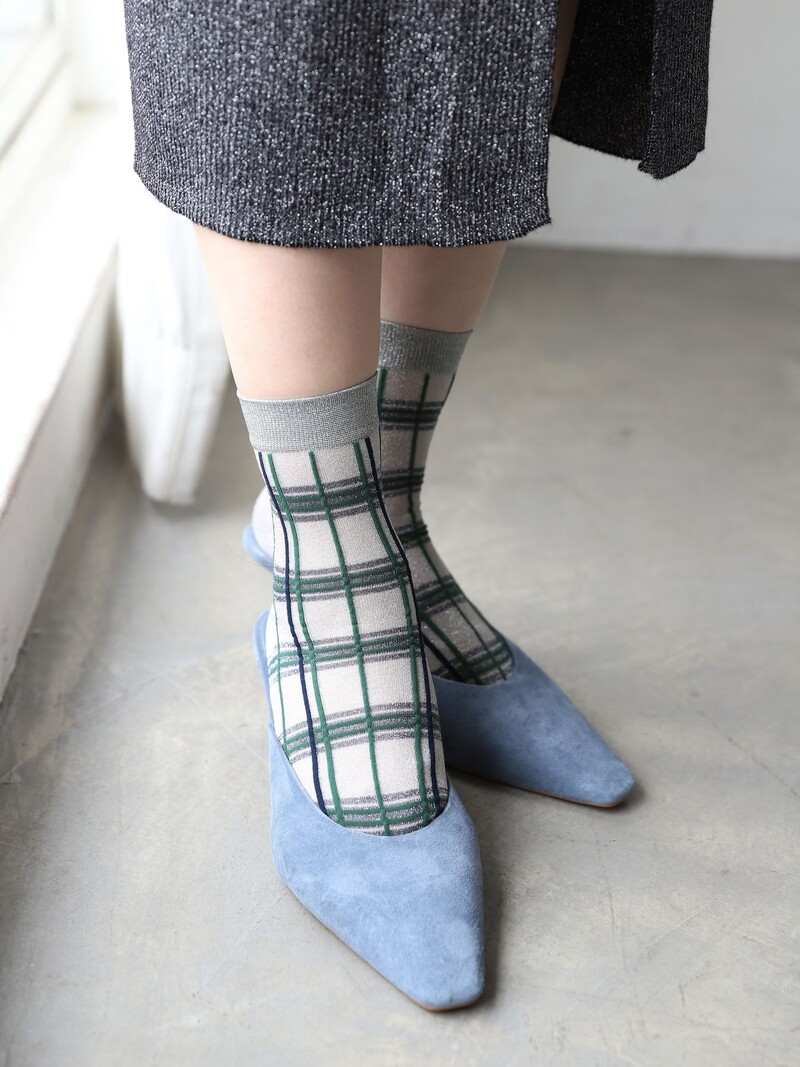 Tulle Lamé Tartan Check Crew Sokken