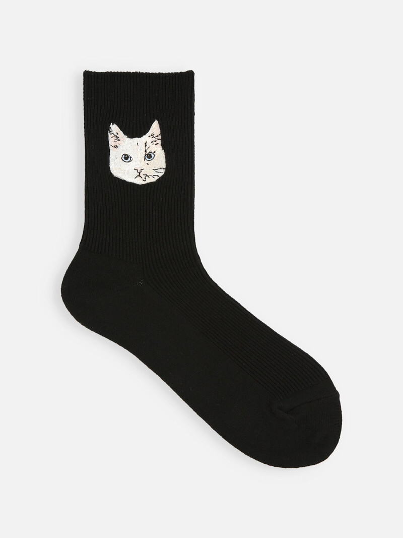 Calcetín canalé gato blanco bordado