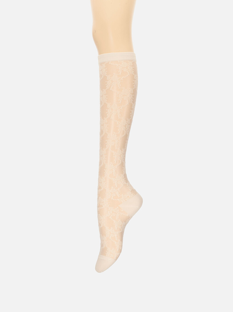 Meia alta transparente com padrão floral