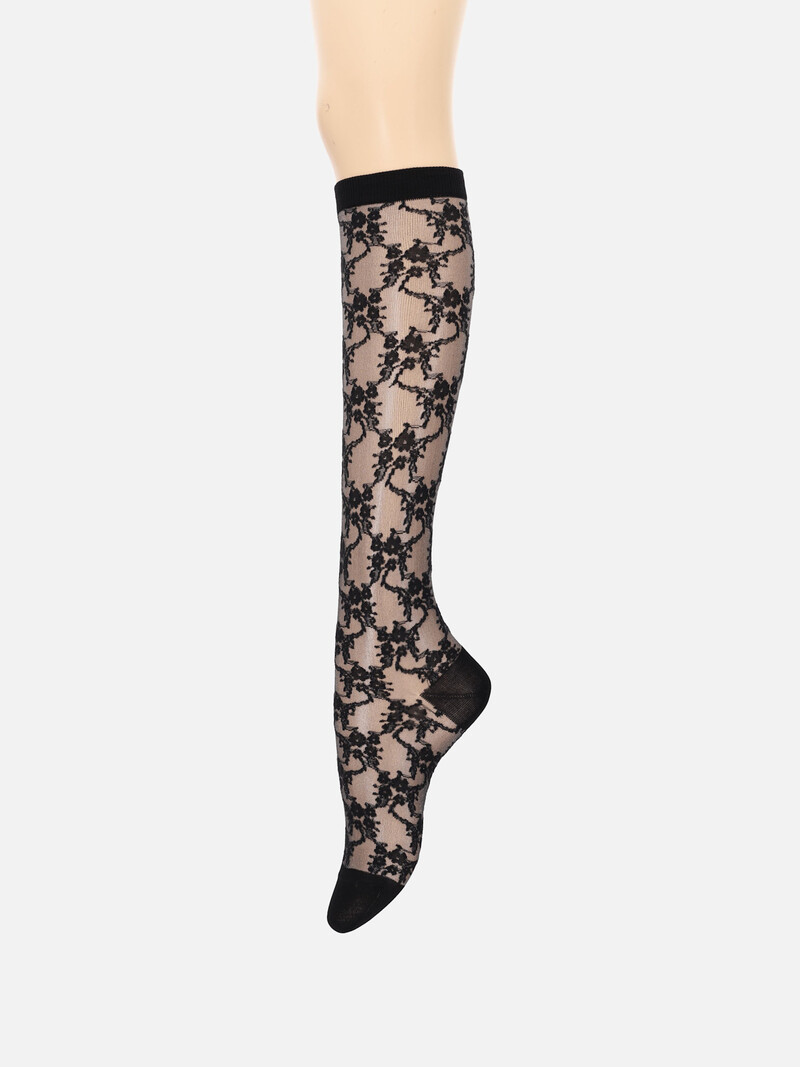 Meia alta transparente com padrão floral