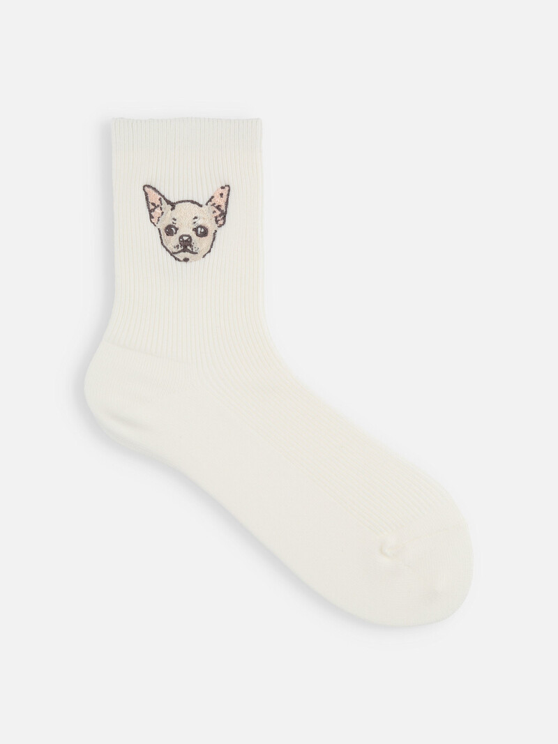 Meias finas caneladas com motivo Chihuahua bordado