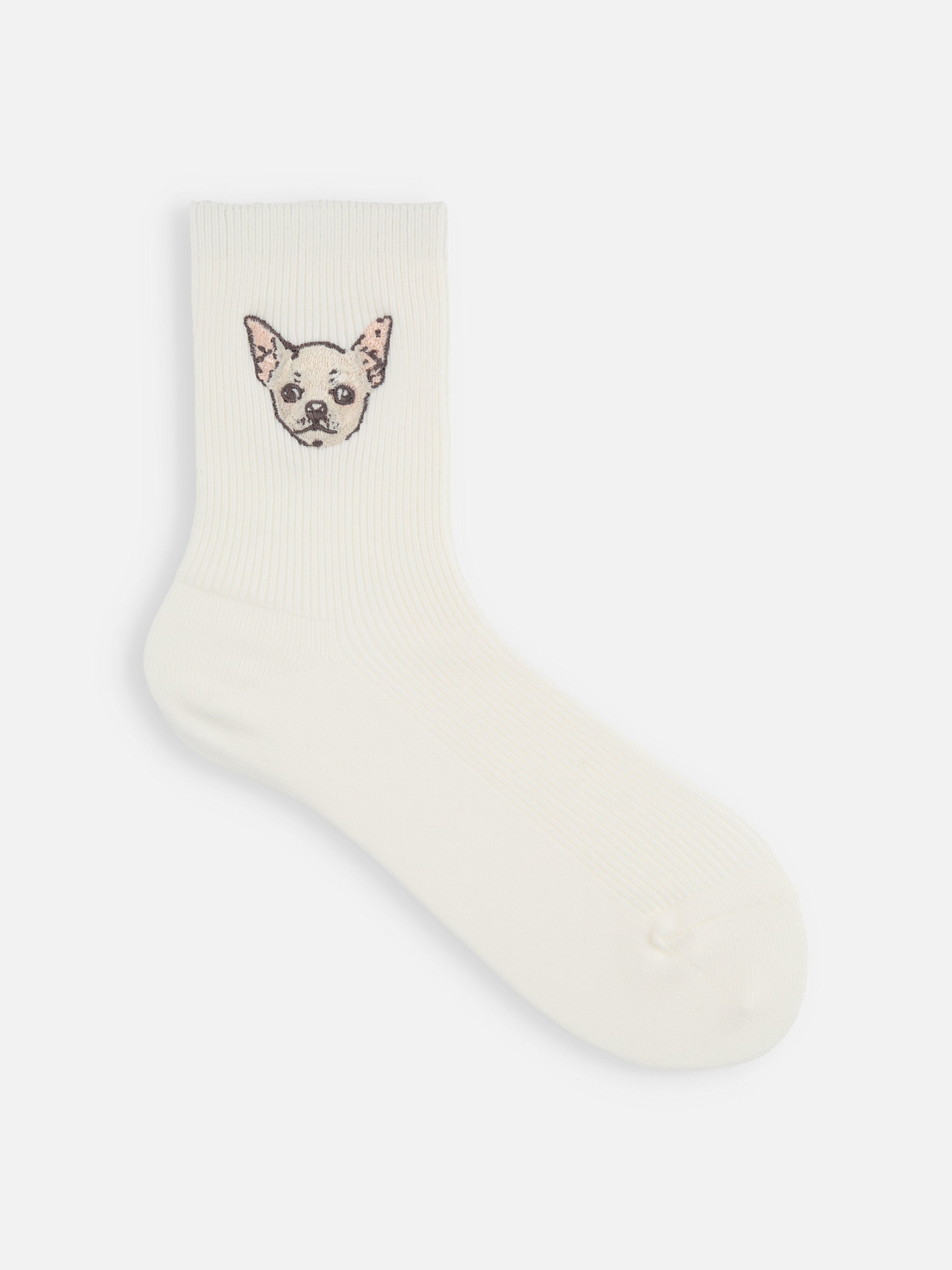 Fine Rib Chihuahua Embroidered Low Crew Socks