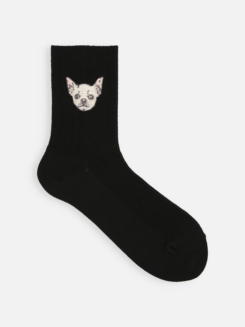 Fine Rib Chihuahua Embroidered Low Crew Socks