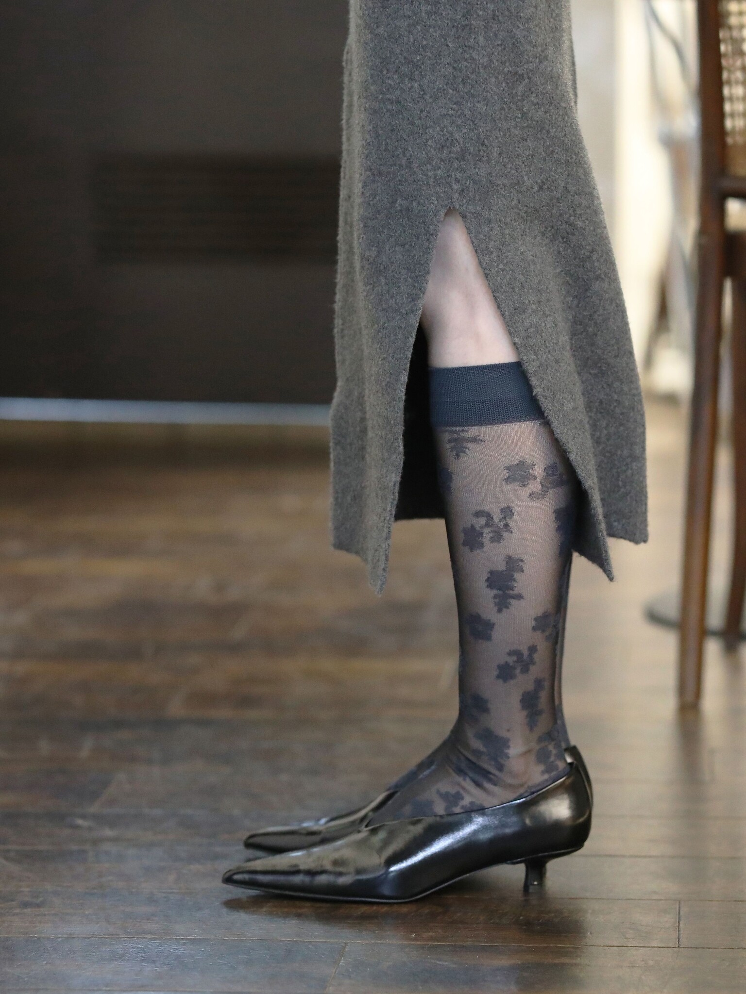 Semi-transparante kanten kniekousen