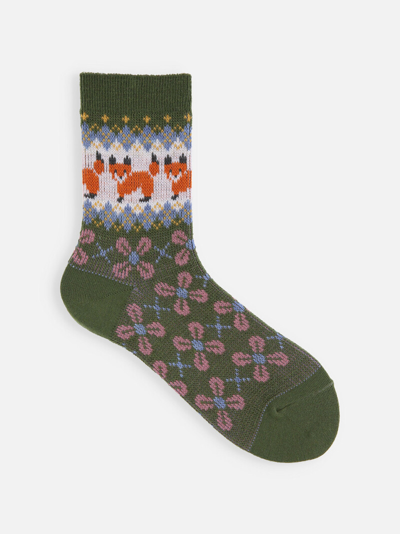Jacquard-Crew-Socken mit Fuchs- und Argyle-Muster