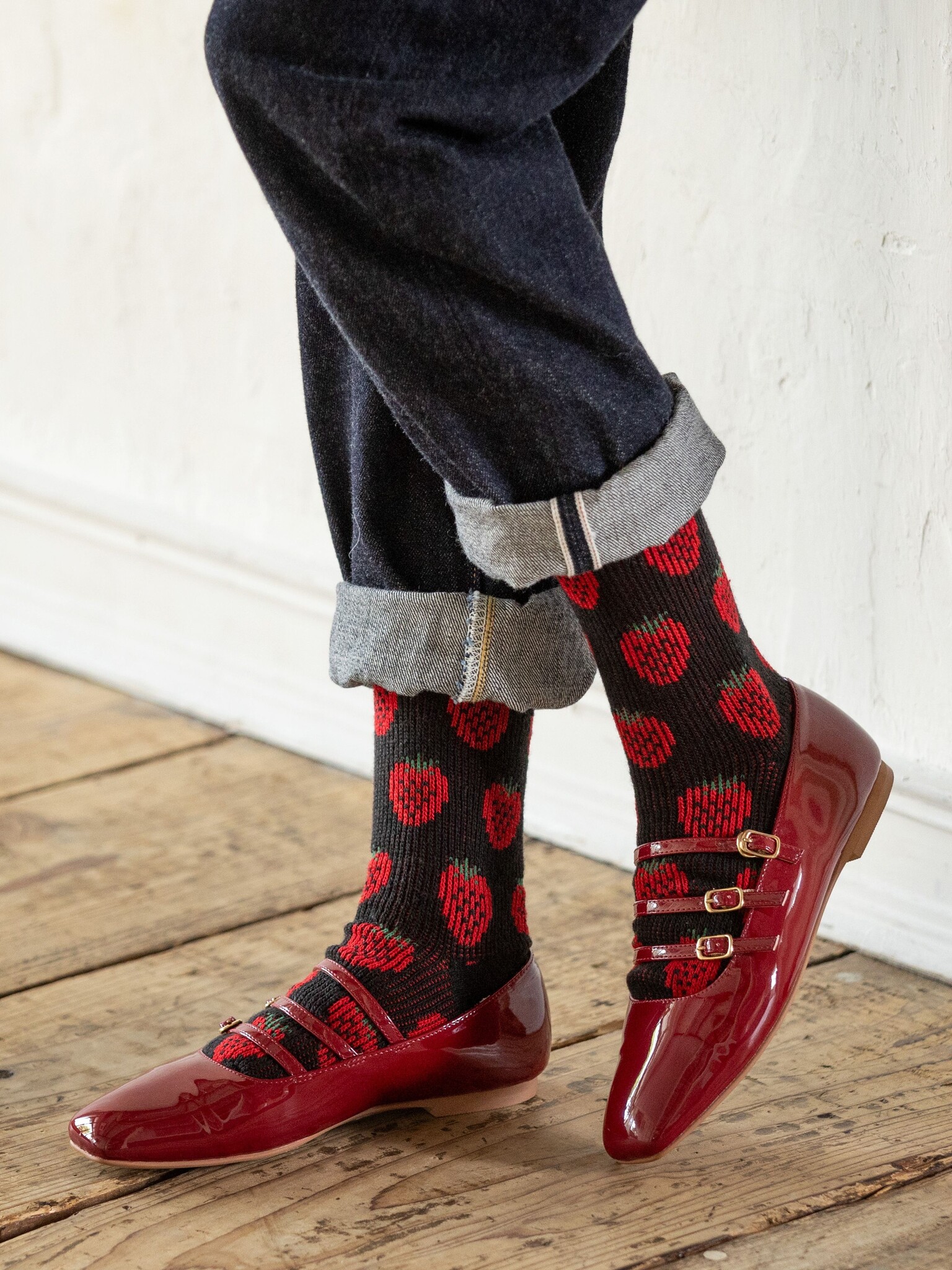 Mi-chaussette jacquard motif fraises en laine-mix