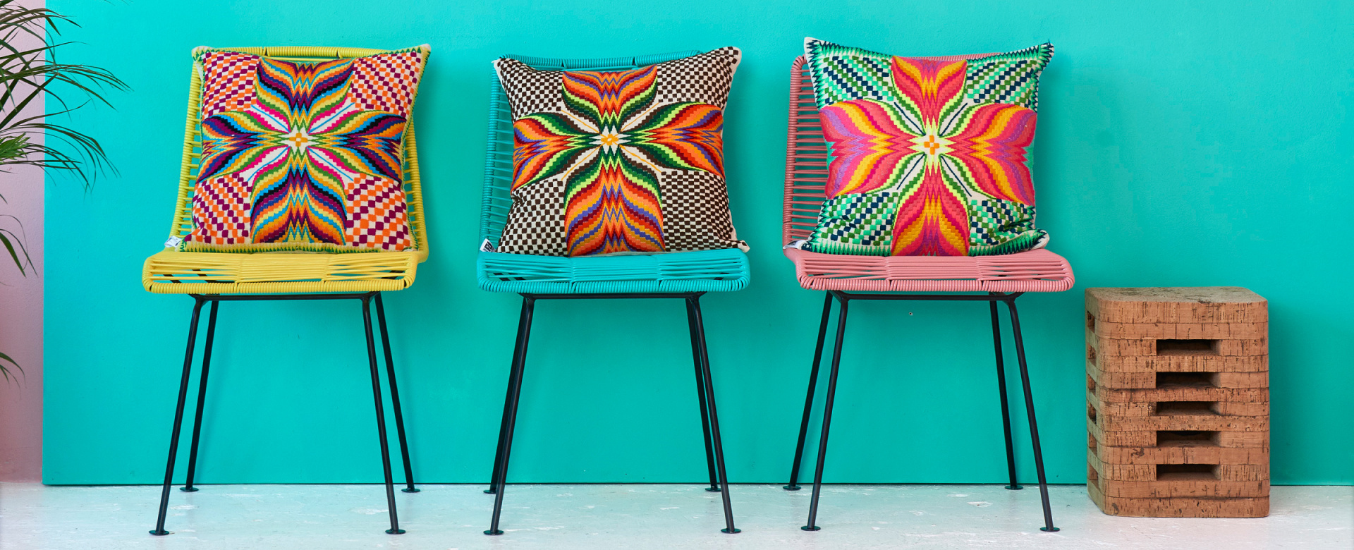 Hand woven in MexicoColourful wire chairs suitable as dining room chair or patio chair.