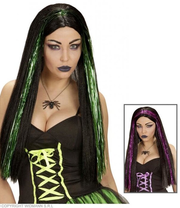 Kassandra Wig zwart / paarse tinsel