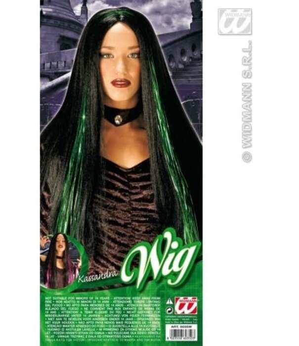 Kassandra Wig zwart / paarse tinsel