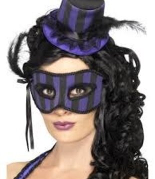 Burlesque set eye mask with mini hat on headband purple