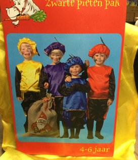 Pietenpak 4-6 jaar Geel, Paars of rood met zwarte mouwen en broek