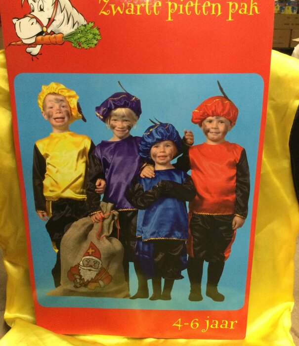 Pietenpak 4-6 jaar Geel, Paars of rood met zwarte mouwen en broek