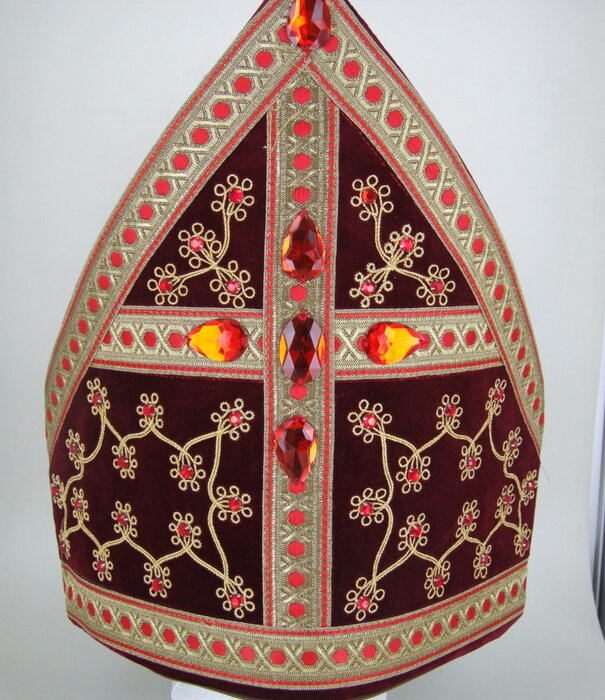 Mitre Saint Luxe brodée de pierres rouges Velours Bordeaux Sinterklaas
