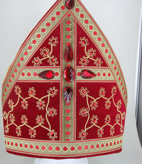 Sint Luxe Mijter geborduurd met rode steentjes Rood Fluweel Sinterklaas