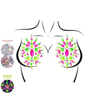 Festival body jewels nipple cover; Riot tepel klever met neon steentjes en losse glitterpoeder