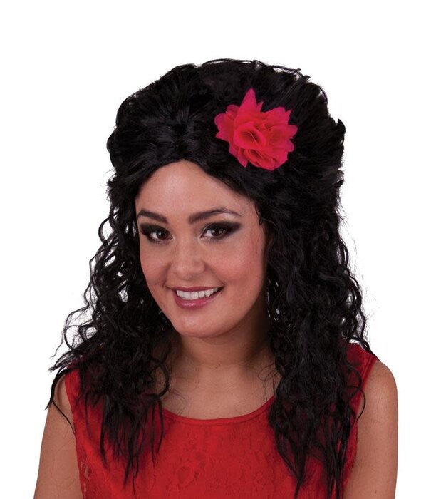 wig long black with red flower