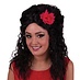 perruque longue noire avec fleur rouge
