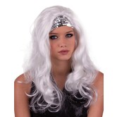 perruque cheveux longs avec bandeau pailleté blanc