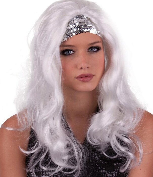perruque cheveux longs avec bandeau pailleté blanc